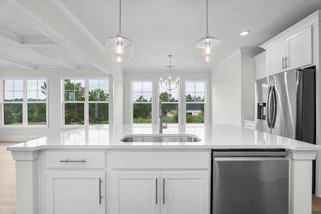 309 Militia Loop, North Augusta, SC 29860 - kitchen with stainless steel appliances, a sink, crown molding, recessed lighting, and white cabinetry
