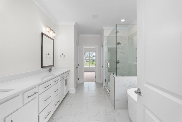 309 Militia Loop, North Augusta, SC 29860 - full bath with a marble finish shower, a soaking tub, double vanity, ornamental molding, and marble finish floors