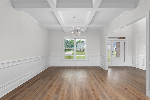 309 Militia Loop, North Augusta, SC 29860 - spare room featuring a chandelier, beam ceiling, wood finished floors, coffered ceiling, and a wainscoted wall