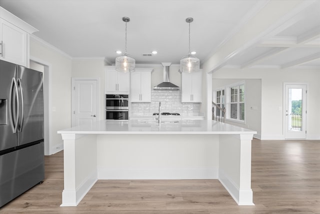 309 Militia Loop, North Augusta, SC 29860 - kitchen with appliances with stainless steel finishes, wall chimney range hood, recessed lighting, light countertops, and backsplash