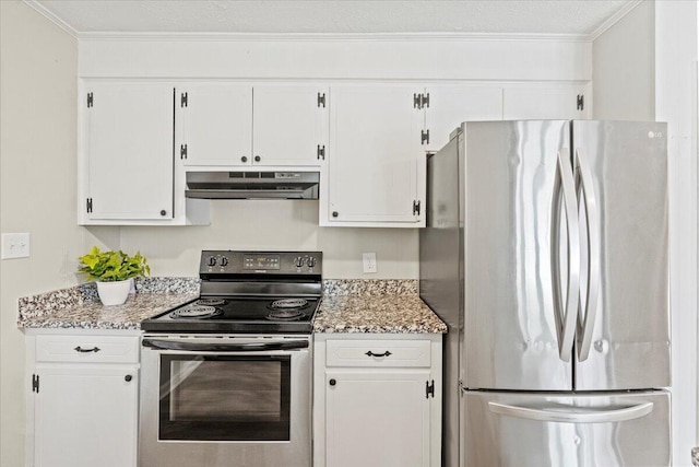 kitchen with white cabinets, light stone countertops, appliances with stainless steel finishes, under cabinet range hood, and ornamental molding