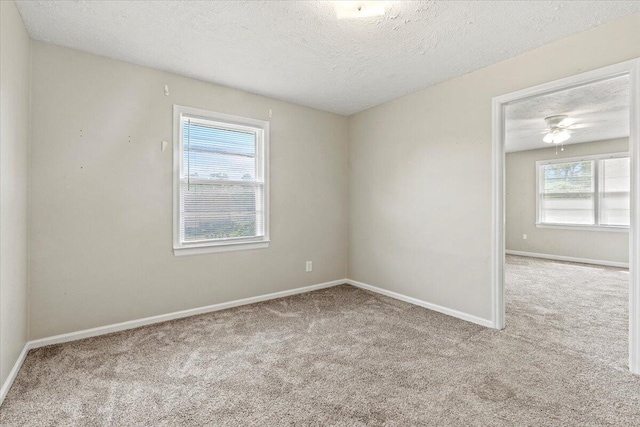 carpeted empty room with plenty of natural light, a textured ceiling, and baseboards