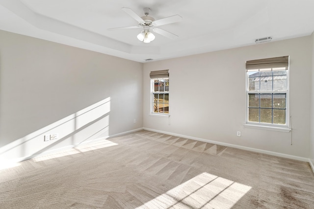 empty room with a raised ceiling, carpet, baseboards, and a wealth of natural light