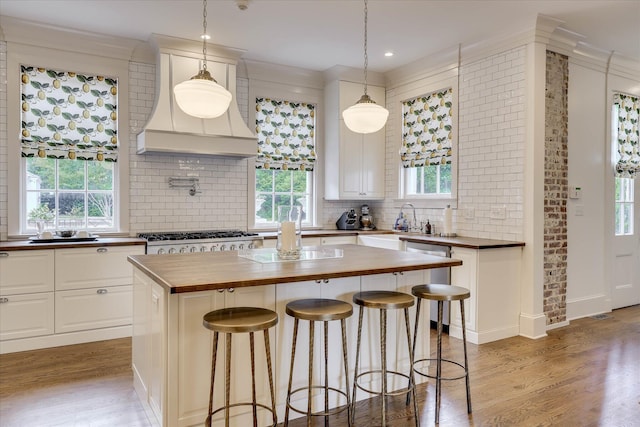 3406 W Richland Ave, Aiken, SC 29801 - kitchen featuring butcher block counters, tasteful backsplash, healthy amount of natural light, custom exhaust hood, and recessed lighting