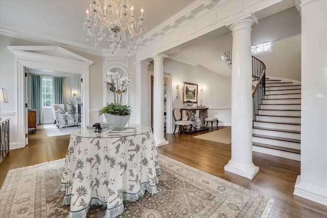 3406 W Richland Ave, Aiken, SC 29801 - foyer with wood finished floors, stairs, decorative columns, and ornamental molding