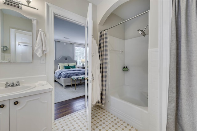 3406 W Richland Ave, Aiken, SC 29801 - ensuite bathroom with shower / tub combo with curtain, vanity, and tile patterned floors
