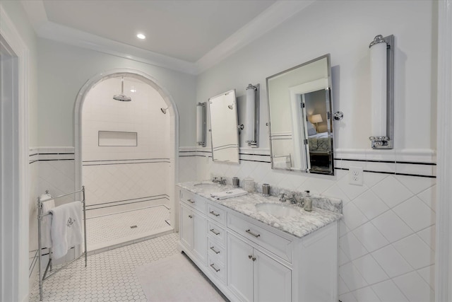 3406 W Richland Ave, Aiken, SC 29801 - ensuite bathroom with double vanity, a stall shower, tile walls, tile patterned floors, and recessed lighting