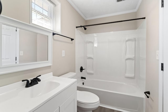 full bathroom with vanity,  shower combination, ornamental molding, and toilet