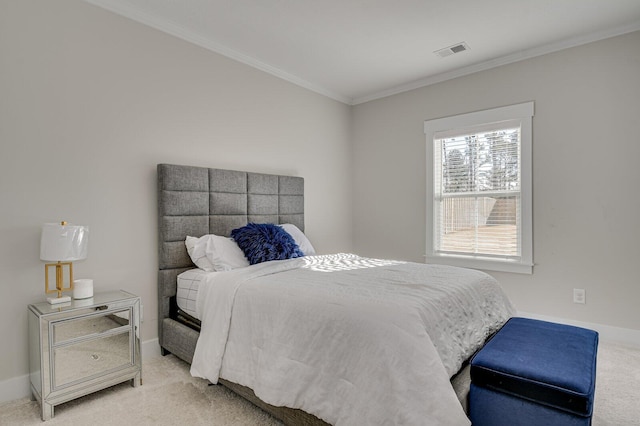 bedroom with carpet and crown molding