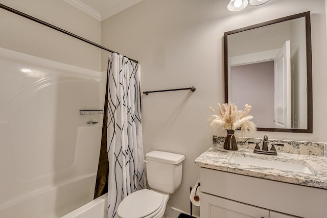 full bathroom with shower / bath combo, toilet, ornamental molding, and vanity