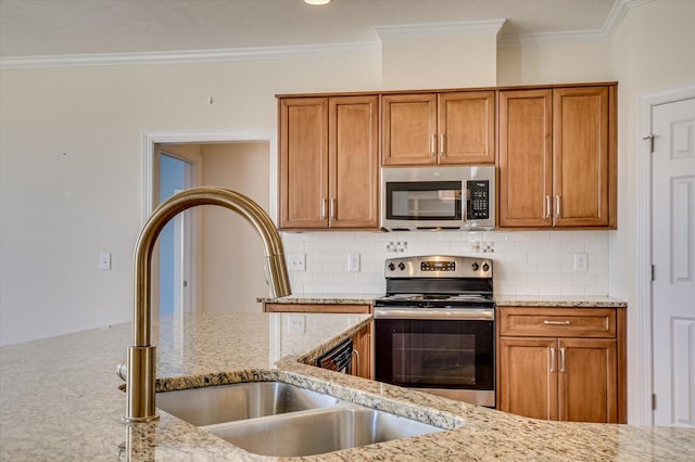 kitchen featuring stainless steel appliances, brown cabinetry, crown molding, and light stone counters