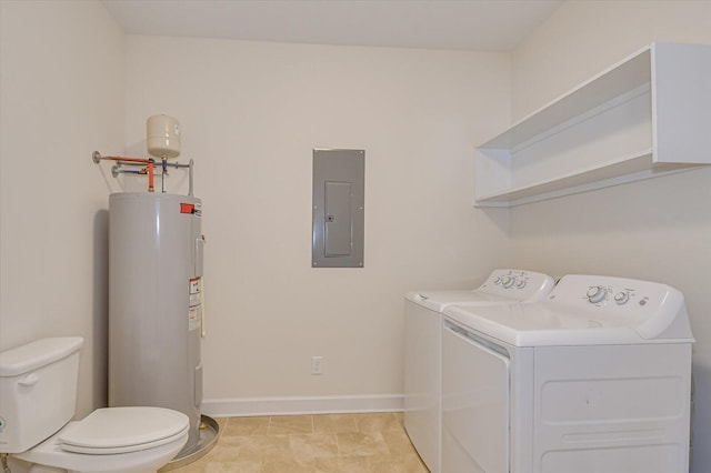 laundry room with laundry area, electric panel, baseboards, washing machine and clothes dryer, and water heater