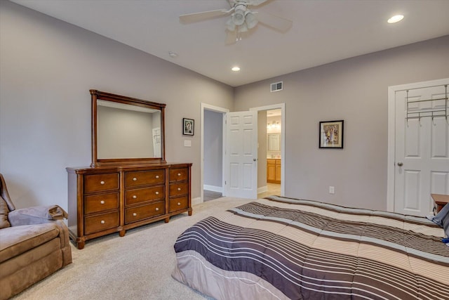 bedroom featuring recessed lighting, light carpet, a ceiling fan, baseboards, and visible vents