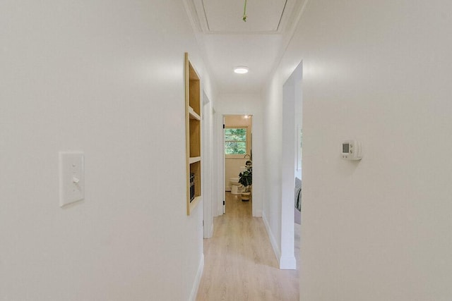115 W St, Thomson, GA 30824 - hall featuring baseboards, light wood-type flooring, and attic access