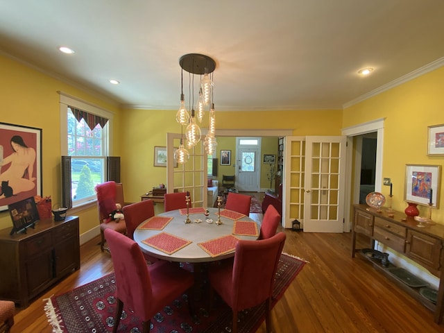 1433 Glenn Ave, Augusta, GA 30904 - dining room with french doors, wood finished floors, ornamental molding, and recessed lighting