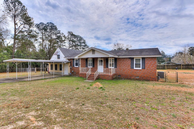 view of front of property with brick siding, crawl space, a porch, and a gate