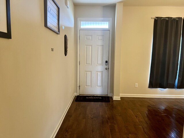 doorway with dark wood-type flooring