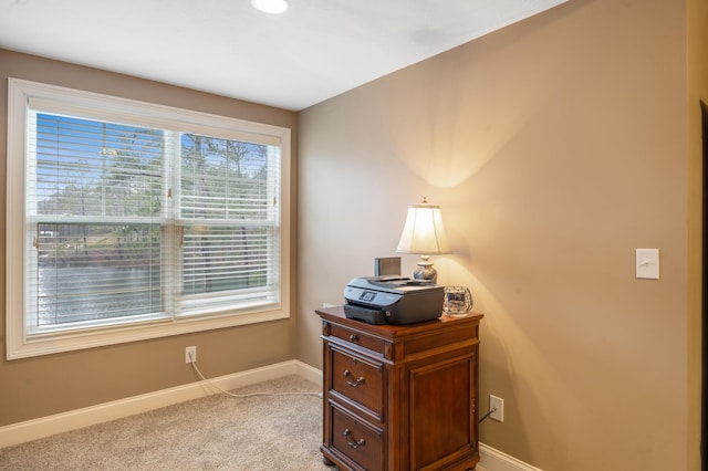 office area featuring baseboards and light colored carpet