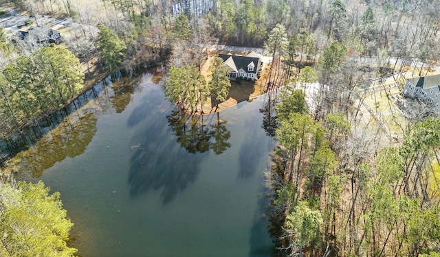 drone / aerial view featuring a forest view and a water view