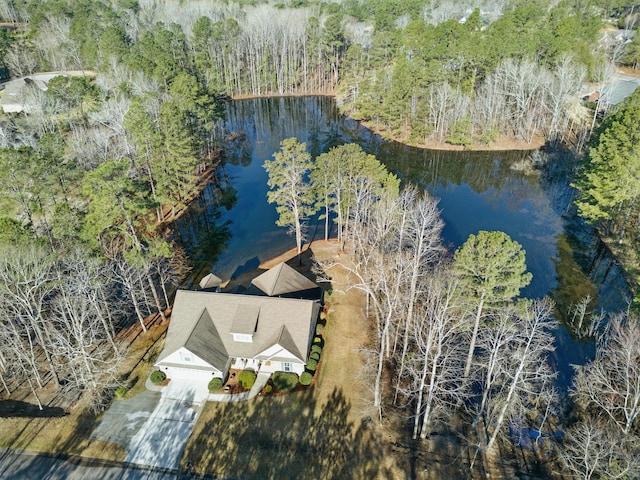 bird's eye view with a water view and a wooded view