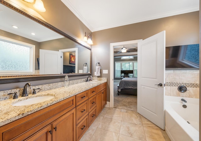 ensuite bathroom with crown molding, a garden tub, ensuite bathroom, and a sink