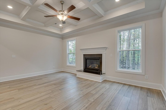 unfurnished living room featuring crown molding, a healthy amount of sunlight, and coffered ceiling