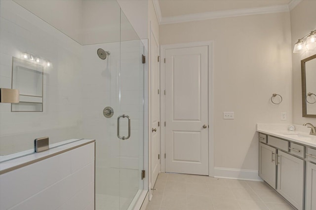 bathroom with tile patterned flooring, vanity, crown molding, and a shower with shower door