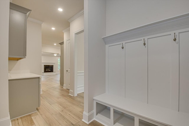 mudroom with light hardwood / wood-style floors and ornamental molding