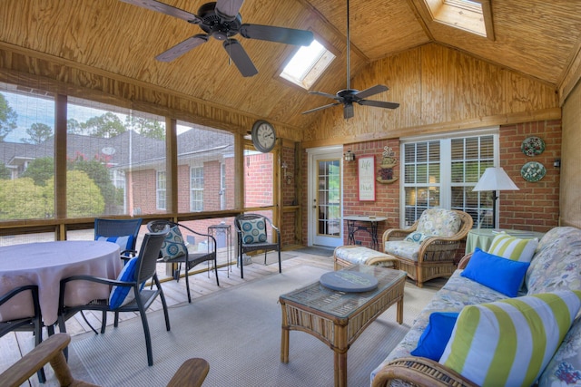 79 Loggerhead Dr, Columbia, SC 29229 - sunroom / solarium with a ceiling fan, an outdoor living space, a skylight, wood ceiling, and high vaulted ceiling