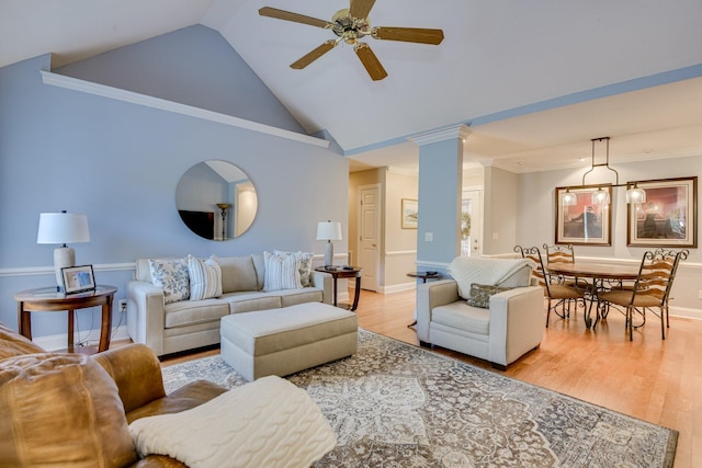 79 Loggerhead Dr, Columbia, SC 29229 - living room with a ceiling fan, ornate columns, light wood-type flooring, ornamental molding, and high vaulted ceiling
