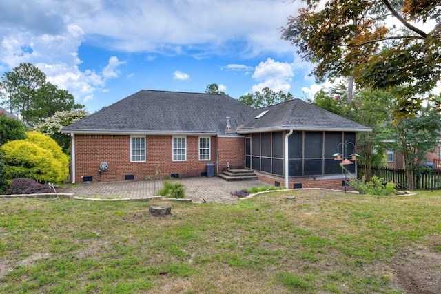 79 Loggerhead Dr, Columbia, SC 29229 - rear view of property with a patio, a sunroom, crawl space, brick siding, and a shingled roof