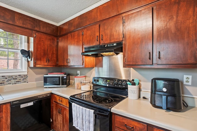 520 Central Rd, Thomson, GA 30824 - kitchen with black appliances, under cabinet range hood, a textured ceiling, light countertops, and crown molding