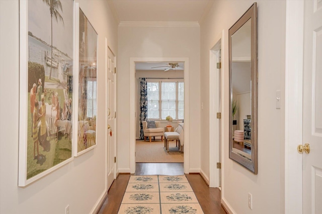 hallway with crown molding, wood finished floors, and baseboards