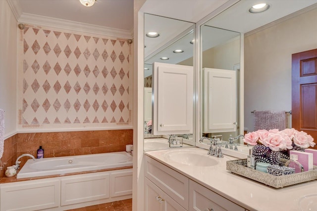 full bath featuring vanity, a bath, recessed lighting, and ornamental molding