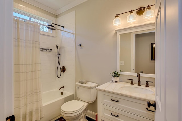 full bathroom with toilet, vanity, shower / tub combo, and ornamental molding