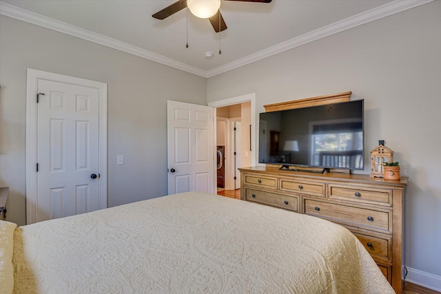 bedroom with ceiling fan and ornamental molding