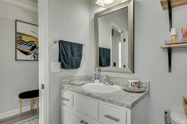 bathroom with vanity, toilet, and wood-type flooring