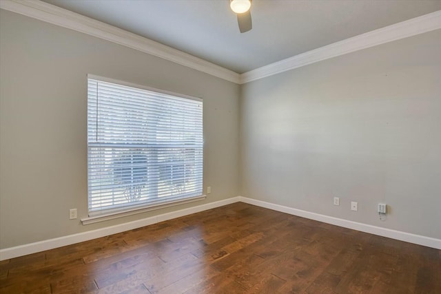 unfurnished room with crown molding, ceiling fan, and dark hardwood / wood-style floors