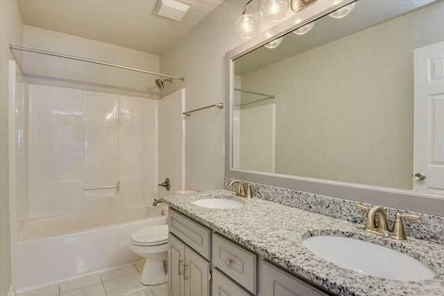 full bathroom featuring shower / tub combination, tile patterned floors, toilet, and vanity