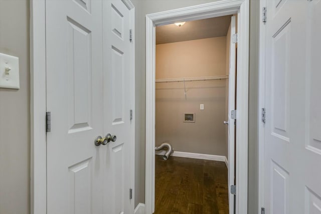 clothes washing area featuring hookup for a washing machine and dark wood-type flooring