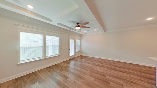 unfurnished room featuring ceiling fan, light wood-style flooring, recessed lighting, baseboards, and beamed ceiling