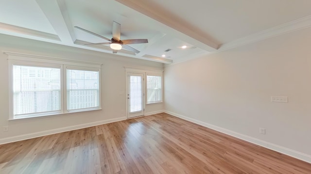 spare room with light wood-type flooring, coffered ceiling, beamed ceiling, and baseboards