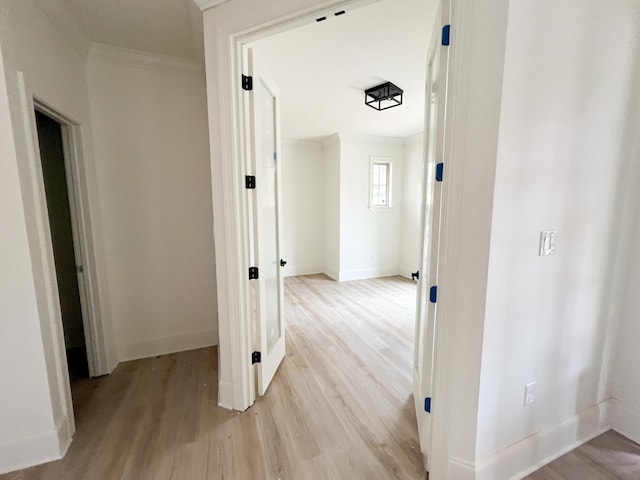 hall featuring light hardwood / wood-style floors and ornamental molding