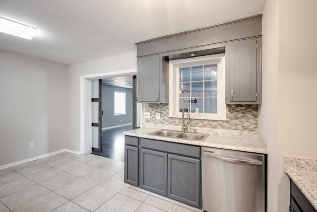 2705 S Vernon Dr, Augusta, GA 30906 - kitchen featuring dishwasher, gray cabinetry, decorative backsplash, and light tile patterned flooring