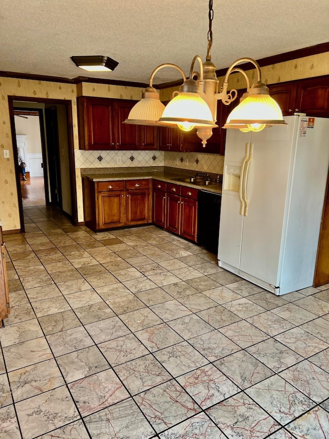 kitchen featuring white refrigerator with ice dispenser, a textured ceiling, crown molding, decorative backsplash, and dishwasher