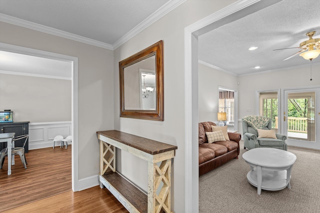 914 Deercrest Cir, Evans, GA 30809 - living area featuring wood finished floors, ceiling fan, ornamental molding, a textured ceiling, and recessed lighting