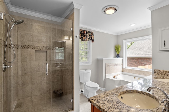 914 Deercrest Cir, Evans, GA 30809 - bathroom with vanity, a stall shower, crown molding, toilet, and a garden tub