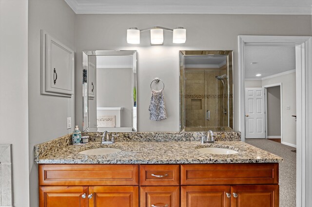 914 Deercrest Cir, Evans, GA 30809 - full bath featuring a shower stall, double vanity, crown molding, and baseboards