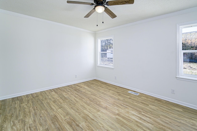 empty room with a wealth of natural light, crown molding, a textured ceiling, and light hardwood / wood-style flooring