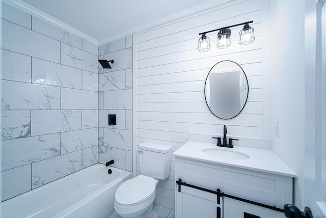 full bathroom with toilet, tiled shower / bath, a textured ceiling, ornamental molding, and vanity